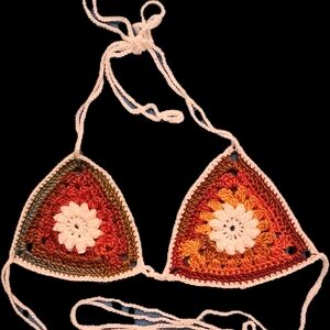 Vibrant Red and Orange Crochet Bikini with Intricate Design